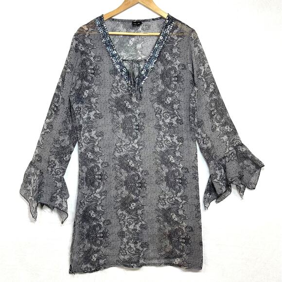Yuka Beach Chiffon Large Bell Sleeve Coverup Dress Swim Pool Summer Sheer Sequin - Picture 1 of 10